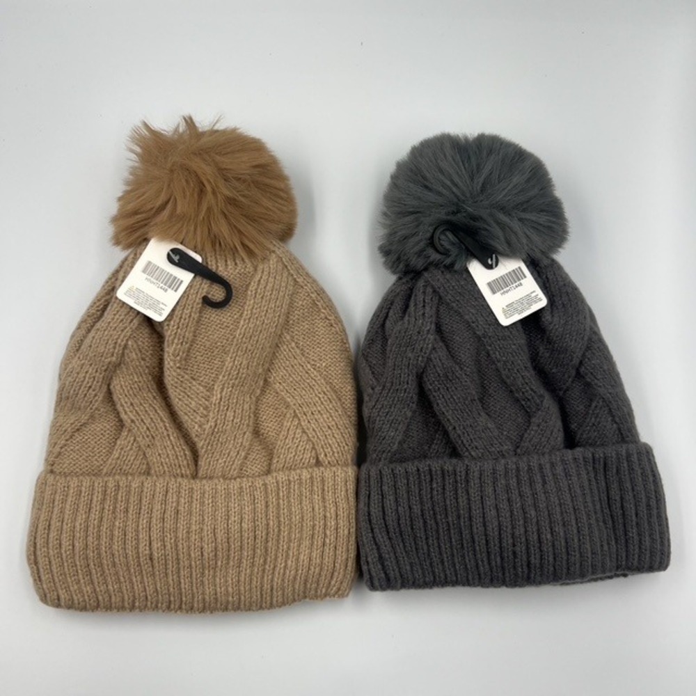 New‎ Pretty Collection Tan and Gray Knit Beanie Pom Pom Winter Hat